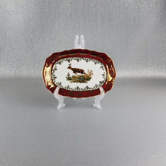 The small serving tray, "Hunting" (Running deer) in red by Queens Crown.