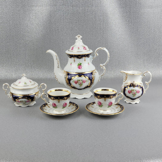 The porcelain coffee set for 6 persons, Sonata, "Small flowers", cobalt, by Leander.